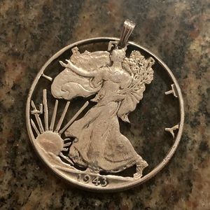 Vintage Carved Coin Pendant 1943 Walking Liberty Silver Half Dollar